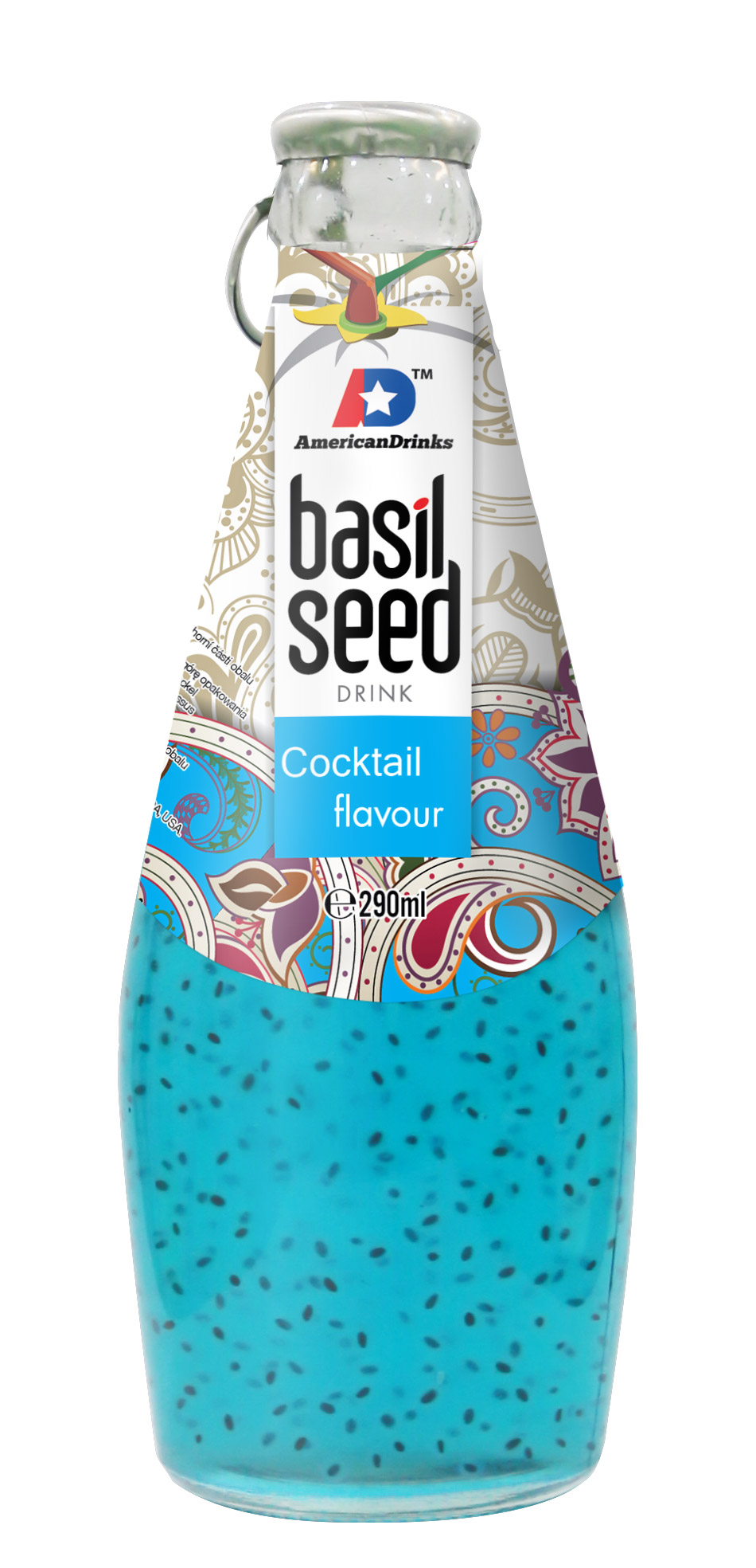 Cocktail flavor Basil Seed Jedná se o nealkoholický nápoj s bazalkovými semínky s ovocnou příchutí. Dovoz Vietnam. 