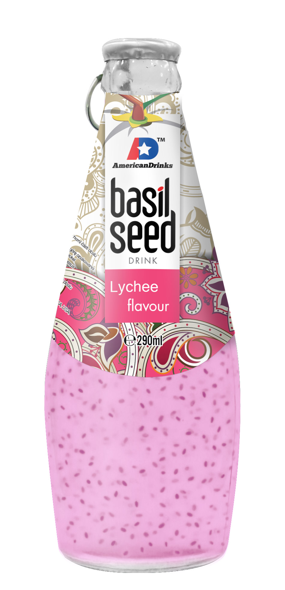 Lychee flavor Basil Seed Jedná se o nealkoholický nápoj s bazalkovými semínky s příchutí lyči. Dovoz Vietnam. 