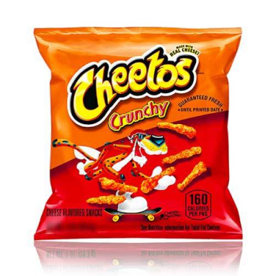 Cheetos - Crunchy Cheese Snacks 35,4g Svačiny CHEETOS jsou velmi oblíbené sýrové pochoutky, které baví každého! 

Složení: Obohacená kukuřičná mouka (kukuřičná mouka, síran železnatý, niacin, thiaminmononitrát, riboflavin,  ...
