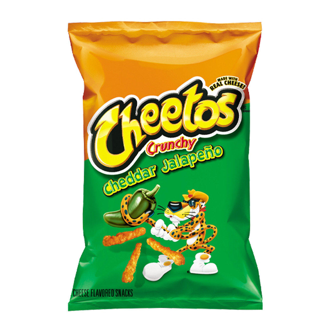 Cheetos - Crunchy Cheddar Jalapeňo 226,8g Křupky CHEETOS jsou velmi oblíbené sýrové pochoutky, které baví každého! 
Tato varianta je s příchutí pálivých papriček Jalapeňo a sýru Cheddar.

Složení: obohacená kukuřičná mouka  ...