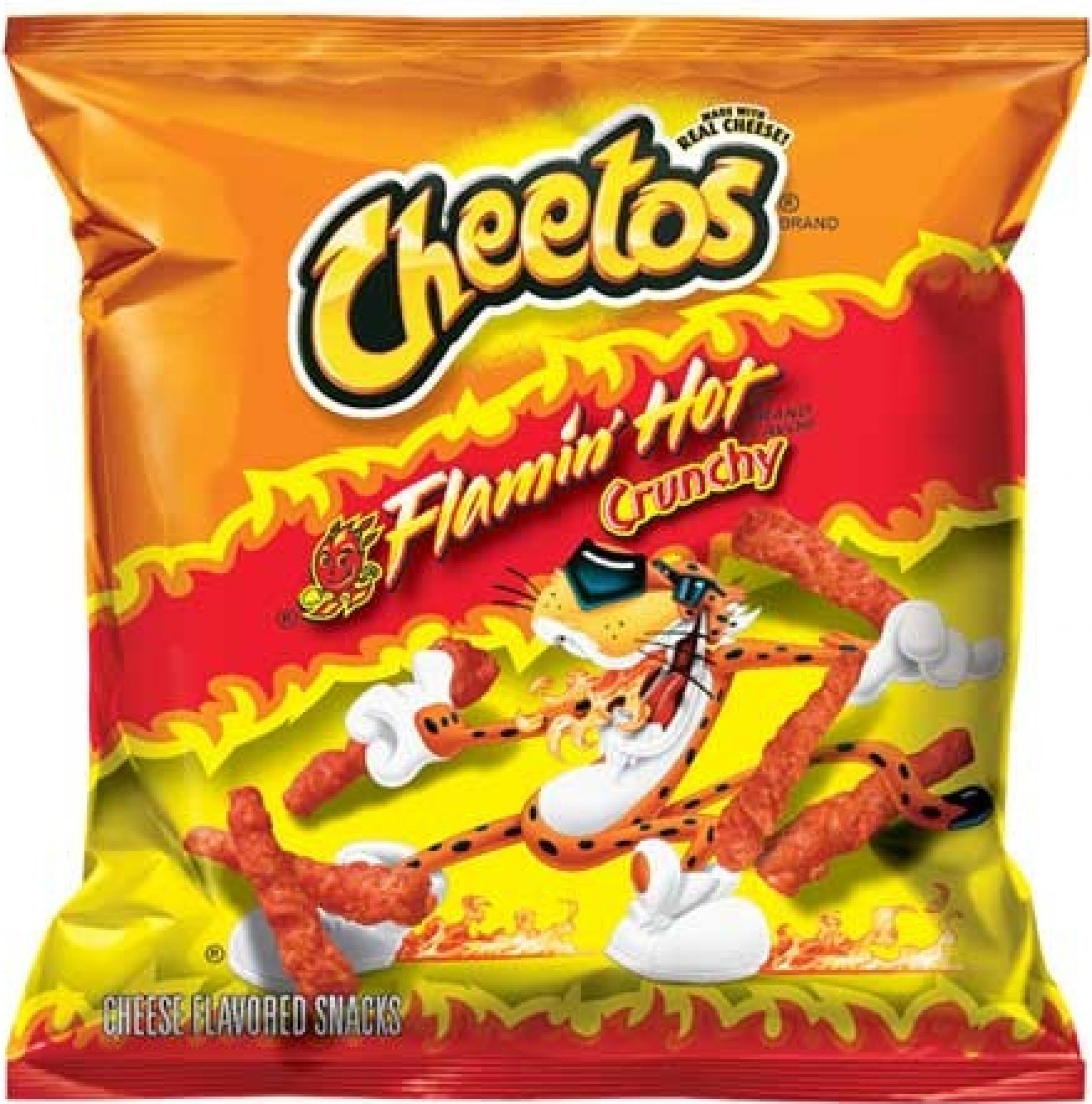 Cheetos - Flamin Hot Crunchy 35,4g Ostrá příchuť vynikajících Cheetos z USA. Svačiny CHEETOS jsou velmi oblíbené sýrové pochoutky, které baví každého! 

Složení: kukuřičná mouka (kukuřičná mouka, síran železnatý, niacin,  ...