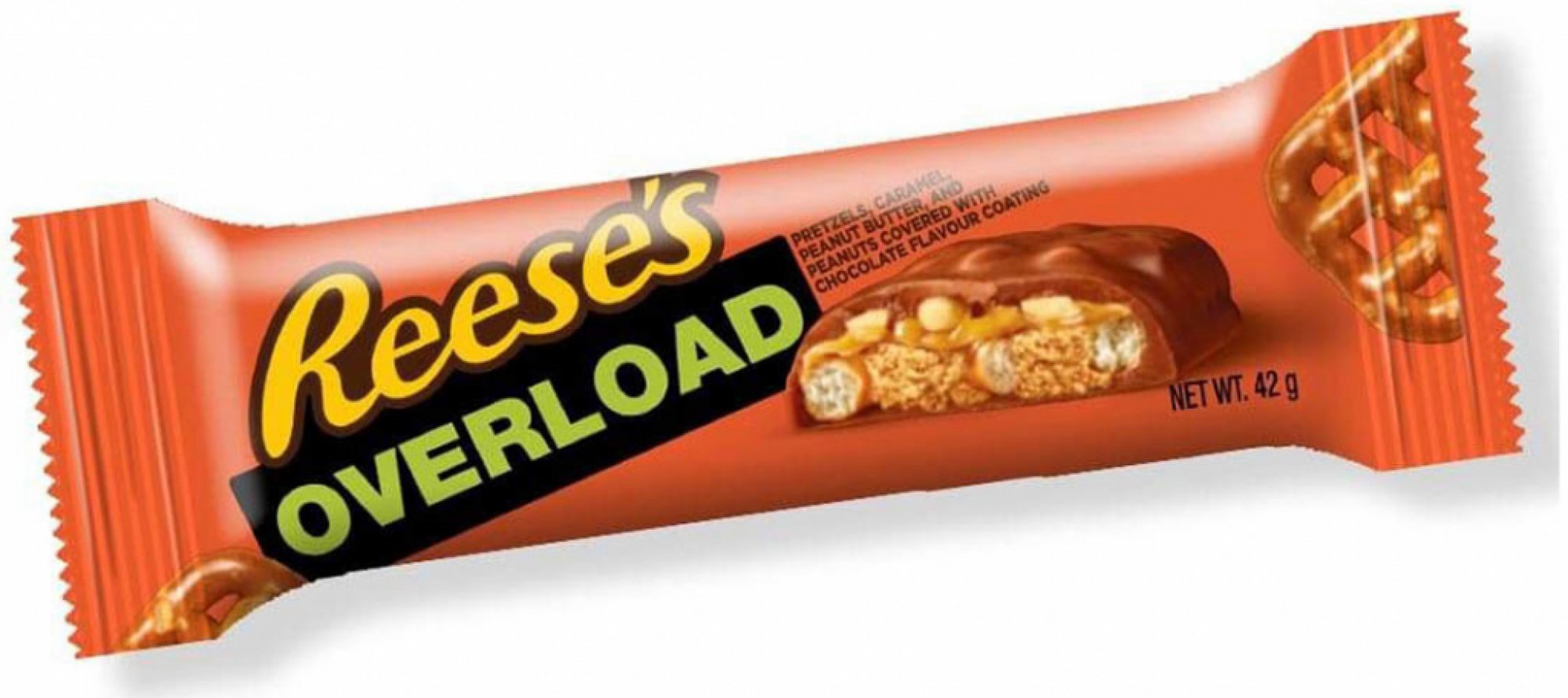 Reeses Overload Bar 42 g Křupavá tyčinka Reeses obsahující preclíky, karamel, arašídové máslo a arašídy, vše obalené v čokoládové polevě

Složení: poleva s příchutí mléčné čokolády (45%) (cukr, rostlinný olej (palmový  ...